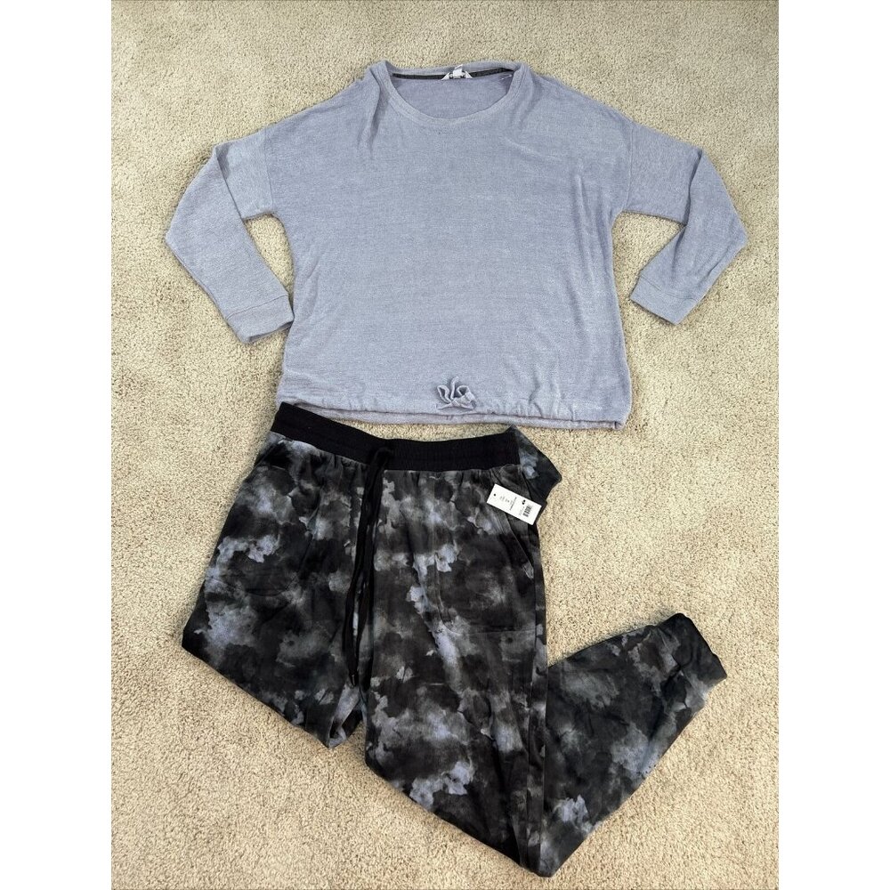 THREE DOTS Pajama Set Womans M Purple Gray Black knit Velour Lounge Stretch NWT